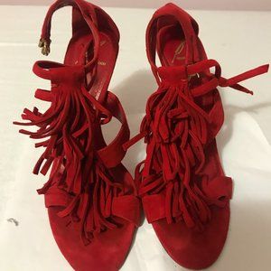 B Brian Atwood Fringed Red Suede Sandal Heels